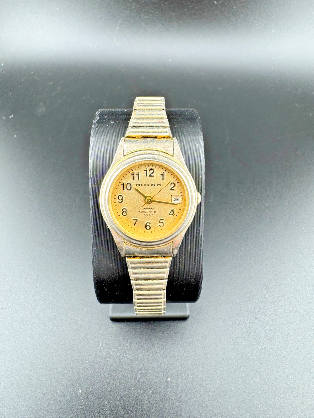Vintage Milan Quartz Watch Gold Dial Date 100FT